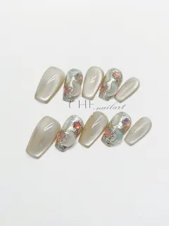 Hand-worn Nail Milk Coffee Cat's Eye Nail Fake Nail Tip - Medium Rectangular - View 1