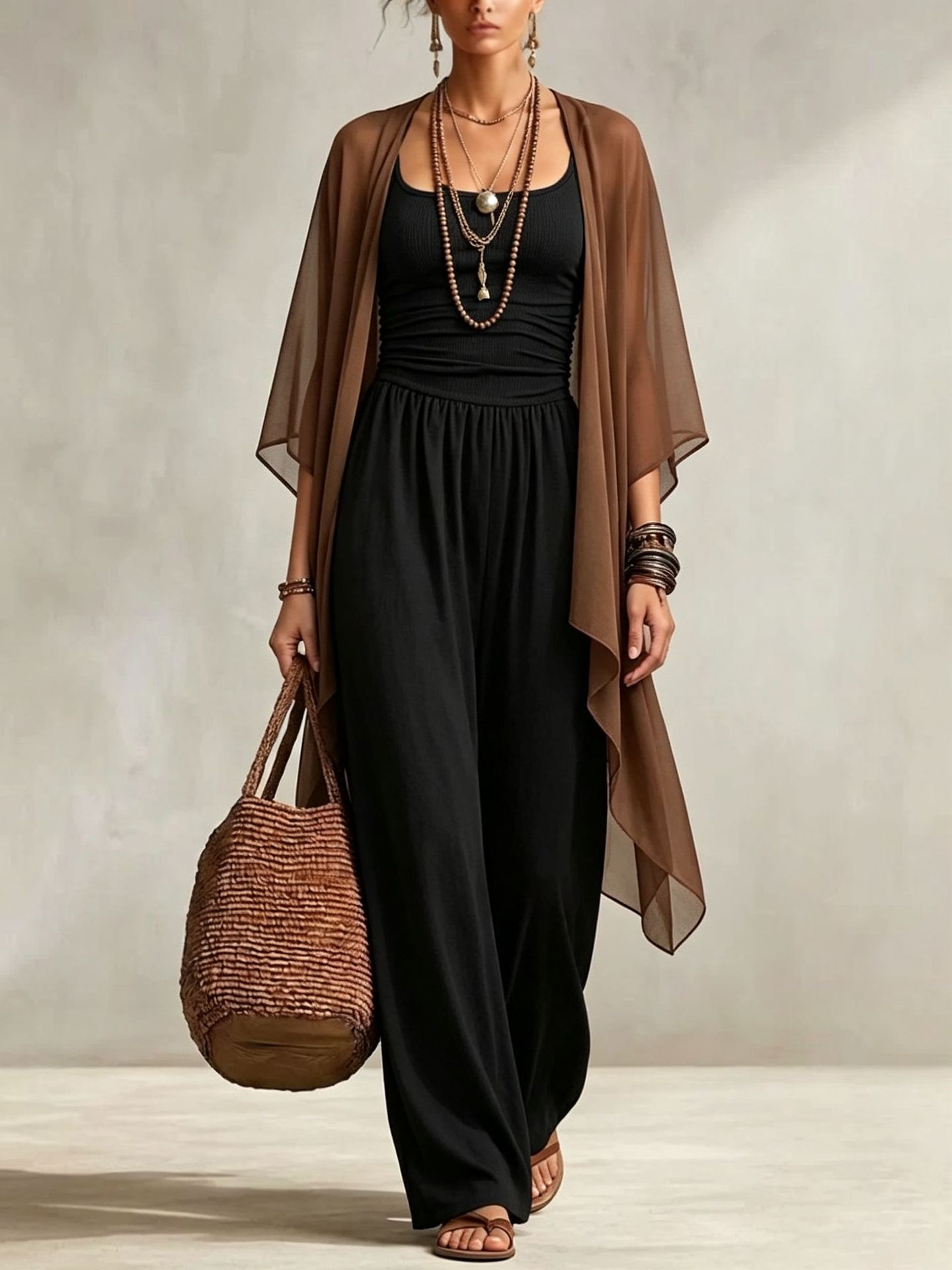 Women's Casual Jumpsuit With Straps And Shawl 2-piece Set