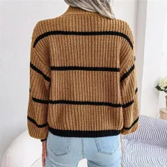 Contrast Colour Striped Sweater New Half Turtleneck Pullover Top - Khaki - View 1