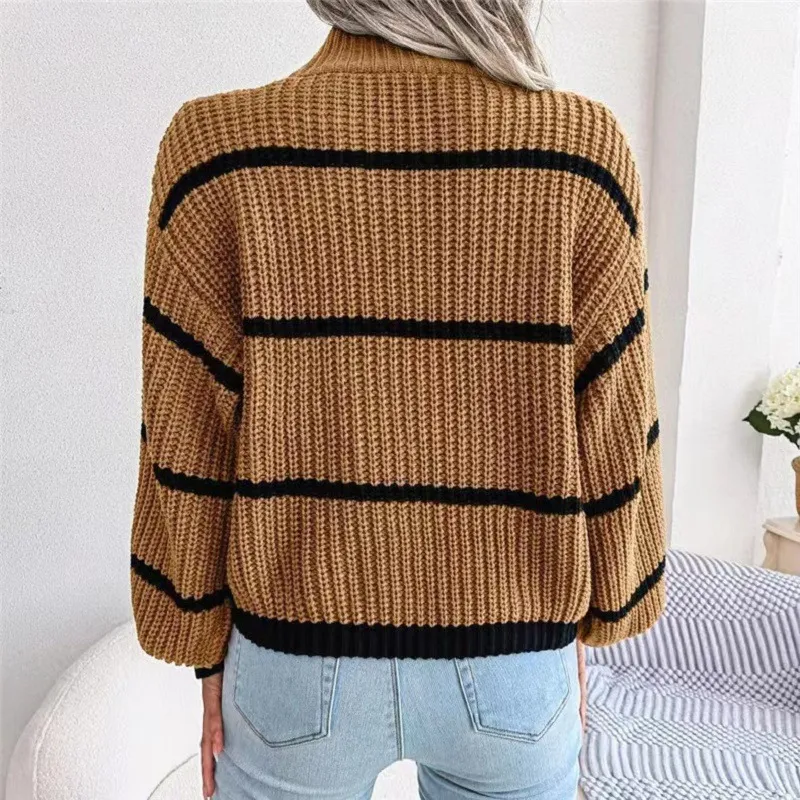 Contrast Color Striped Sweater New Half Turtleneck Pullover Top - Khaki
