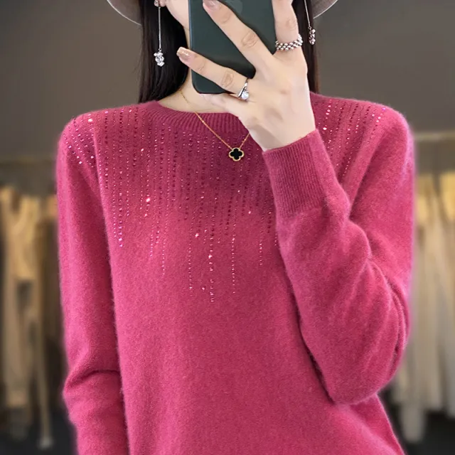 Round Neck Rhinestone Long sleeved Knitted Bottoming Shirt Women's Pullover Sweater Raspberry Red - Shop at LoveMi