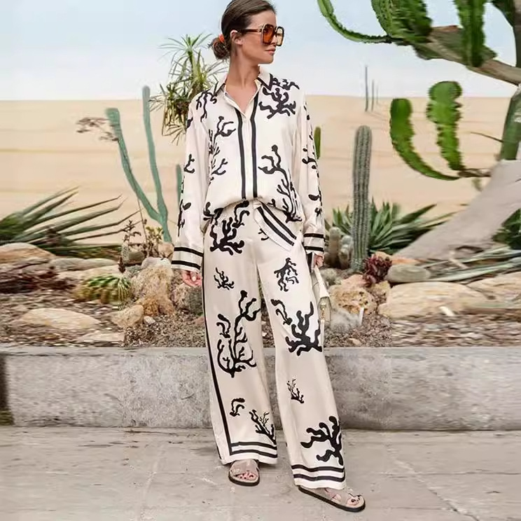 Women's Printed Long Sleeve Color Matching Vacation Leisure Suit