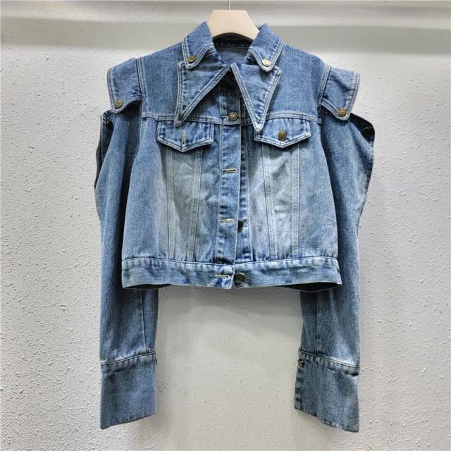 Autumn New Elegant Off shoulder Denim High Waist Short Coat Blue - Shop at LoveMi