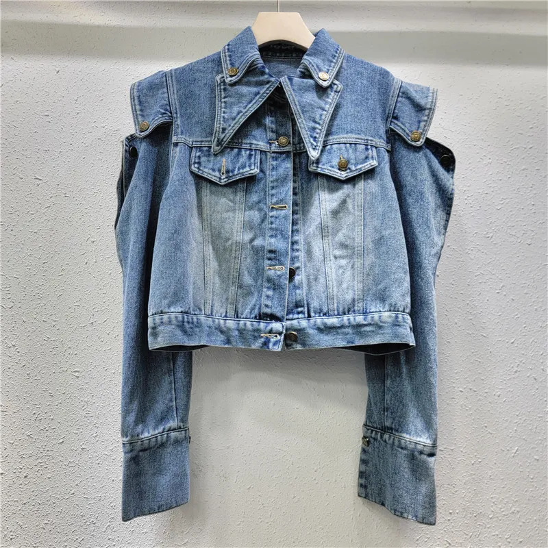 Autumn New Elegant Off-shoulder Denim High Waist Short Coat - Blue