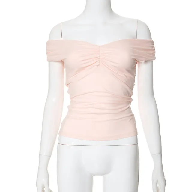 New Solid Color V neck Sleeveless Pleated Camisole T shirt Top Pink - Shop at LoveMi