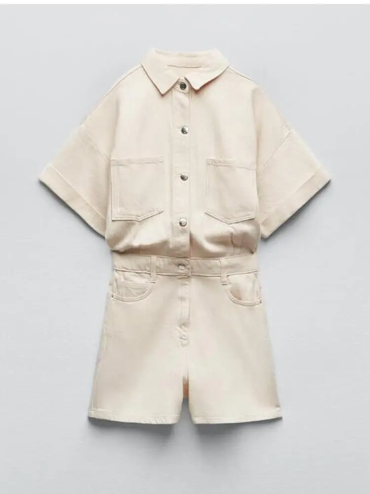 New Casual Fashion Multicolour Denim Jumpsuit - Beige
