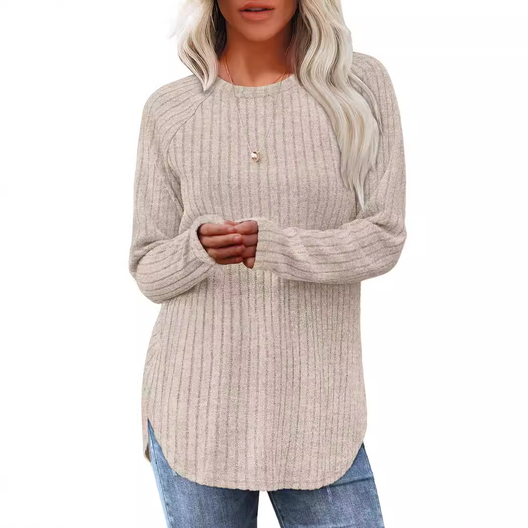Women&#39;s Loose Round Neck High-Low Curved Hem Tops