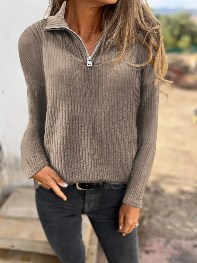 Zipper Pullover Long sleeved Sweater Casual Coat Brown - Shop at LoveMi