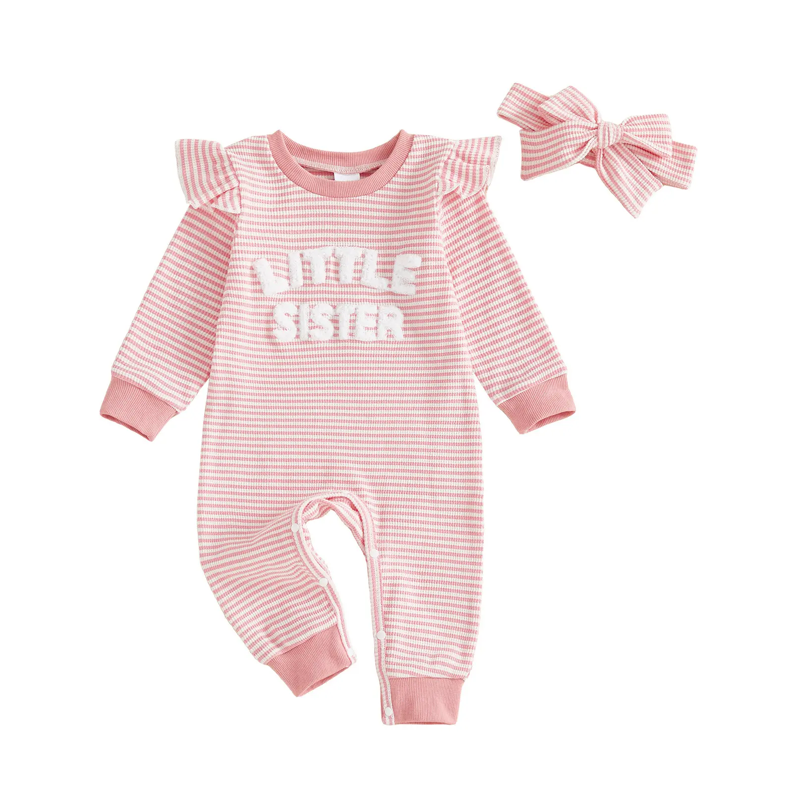Girls Striped Embroidered Letter Flutter Sleeve Long-Sleeve