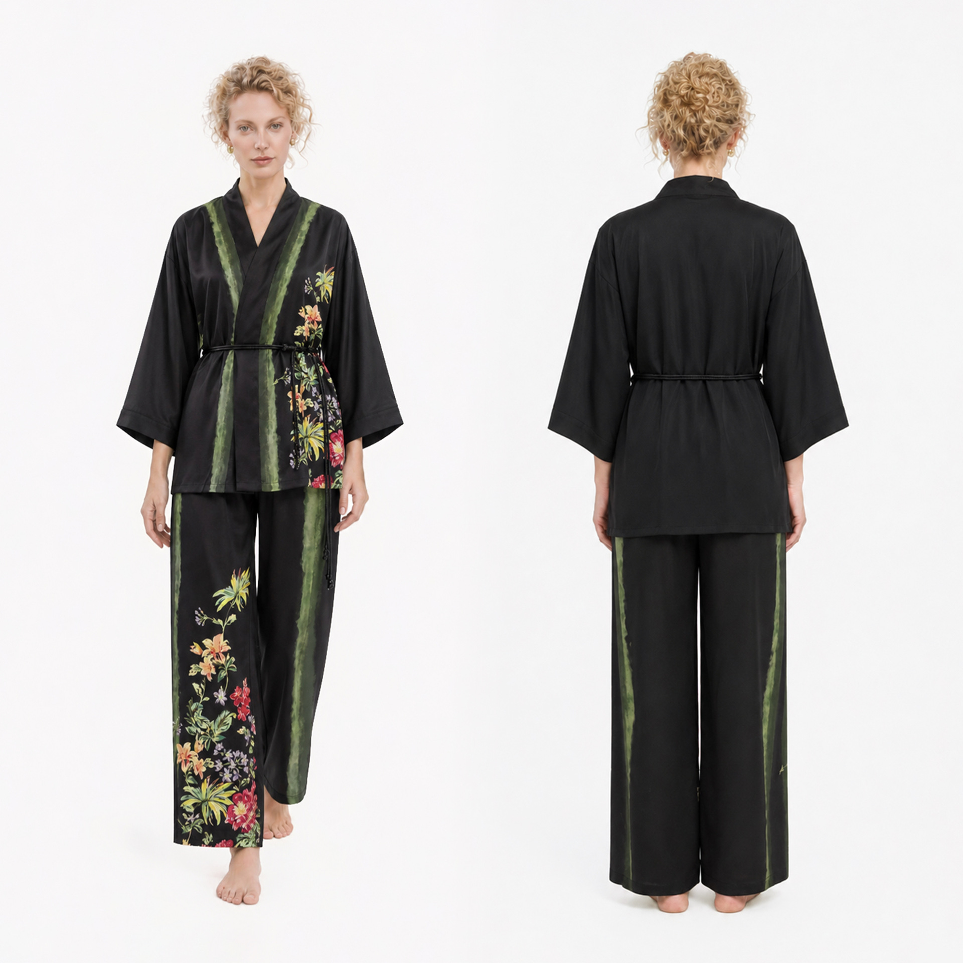 Satin-print Pajama Set With Three-quarter Sleeves And Long Pants For Women