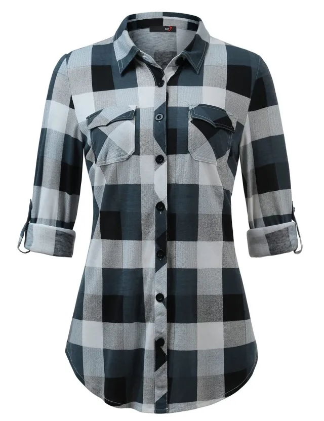 Plaid Pouch Button Cuff Comfort And Casual Printed Women's Shirt Gray And Blue - Shop at LoveMi