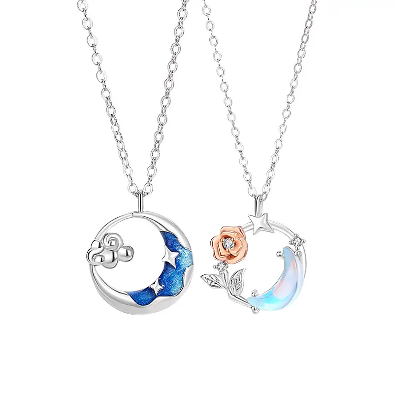 Men's And Women's Fashion Star And Moon Rose Sterling Silver Clavicle Chain