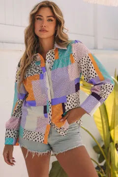 Women's Clothing Polychromatic Mixture Printed Front Button Cuffed Sleeve Shirt - Suit A-L - View 1