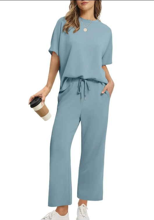 European And American Women's Solid Color Short sleeved Casual Wide leg Pants Suit Sky Blue - Shop at LoveMi