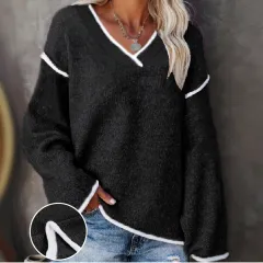 V-neck Color-contrasting Stripe Loose Casual Plus Size Women's Knitted Blouse - Black - View 1