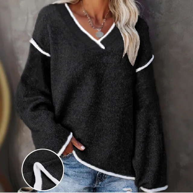 V neck Color contrasting Stripe Loose Casual Plus Size Women's Knitted Blouse Black - Shop at LoveMi
