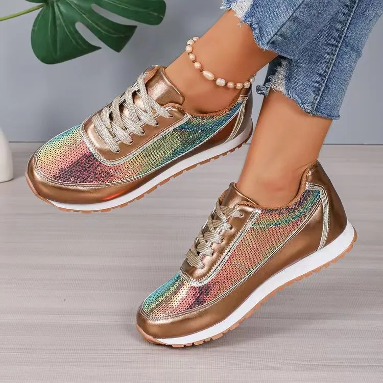 Women's Thick-soled Casual Lin Film Sneaker - Champagne-40