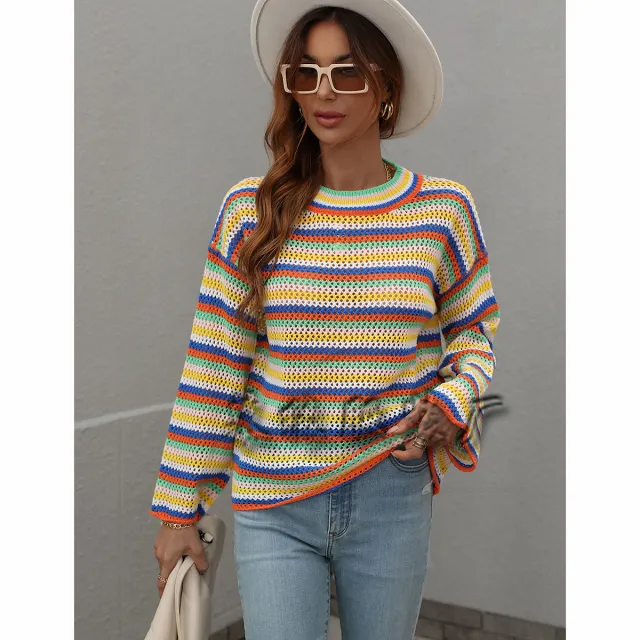 European And American Stitching Knitwear Women's Loose Cross color Foreign Trade Round Neck Striped Sweater Women Green - Shop at LoveMi