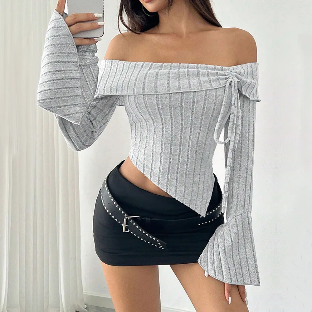 Women's Off-neck T-shirt Bell Sleeve Short Midriff-baring Top - Grey