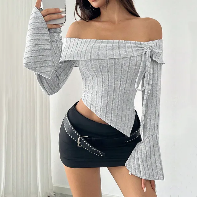 Women's Off neck T shirt Bell Sleeve Short Midriff baring Top Gray - Shop at LoveMi