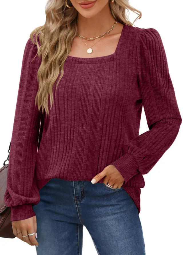 Women's Sunken Stripe Square Collar Fashion Casual Long Sleeve Top Red - Shop at LoveMi