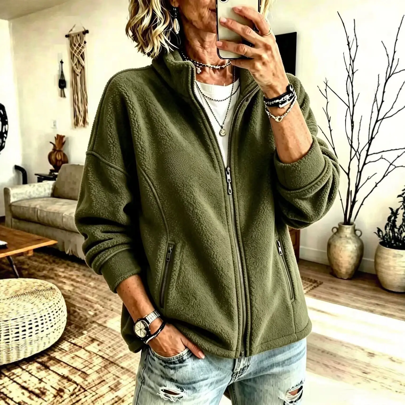 Stand-collar Full-zip Fleece Relaxed-fit Casual Jacket