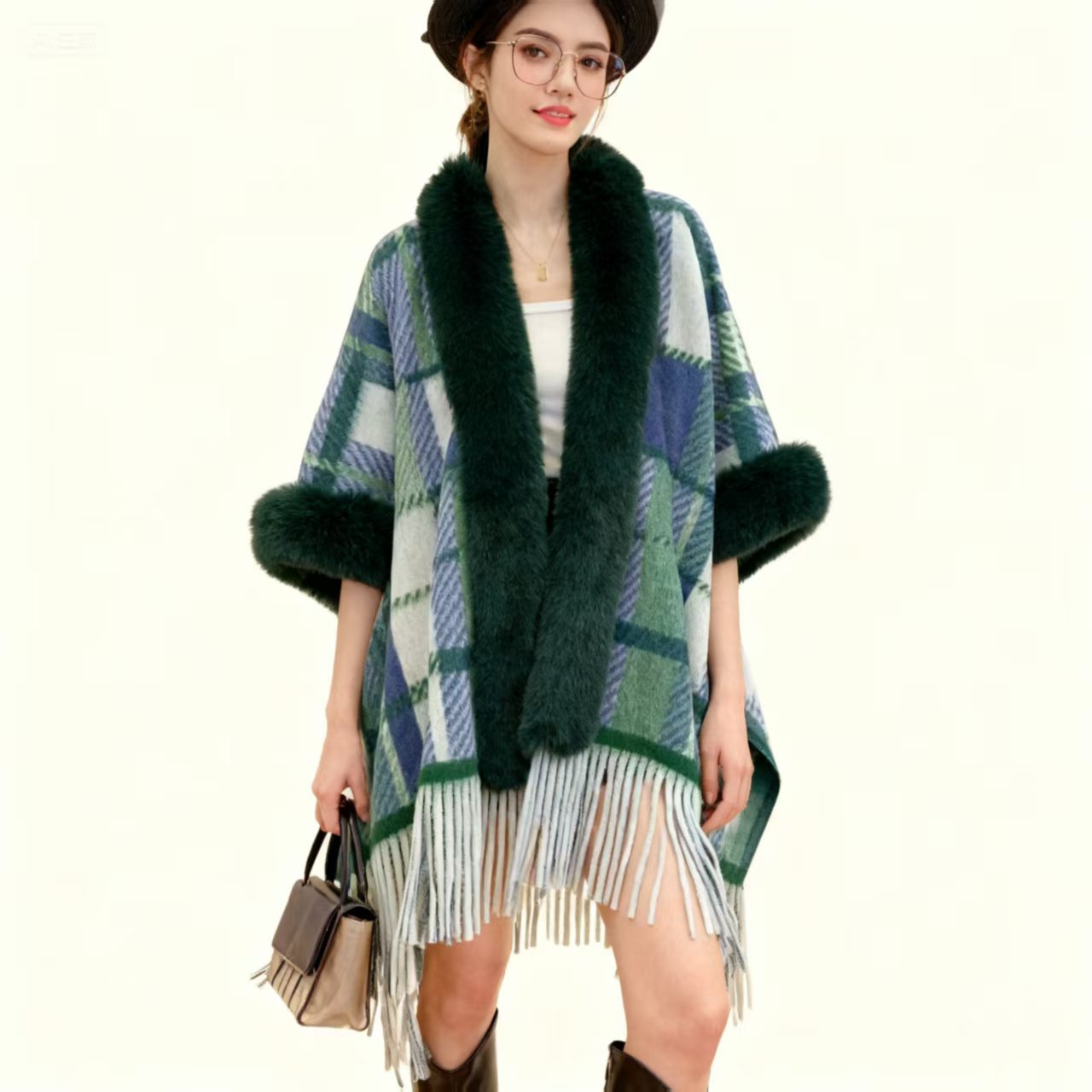 Women's Casual Plaid Tassel Cape Coat