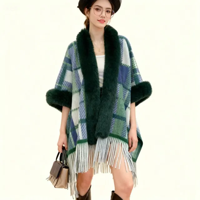Women's Casual Plaid Tassel Cape Coat Green - Shop at LoveMi