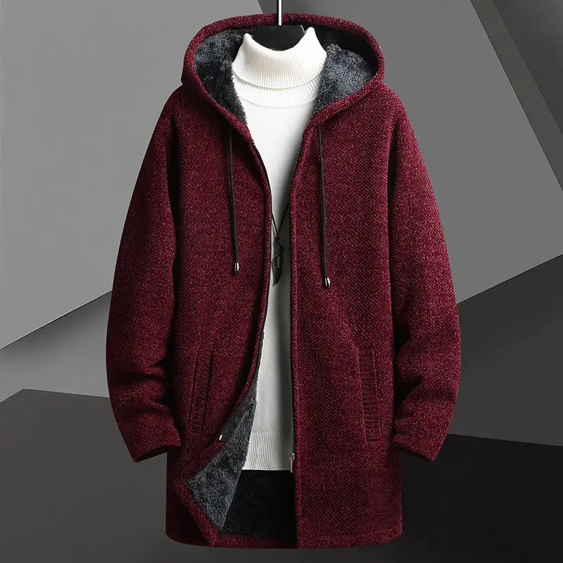 Fall Winter Men Fleece-lined Mid-length Zipper Hooded Sweater Cardigan