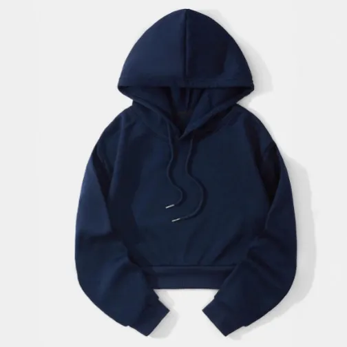 Autumn And Winter Fleece-lined Casual Short Cropped Hooded Sweatshirt - Navy Blue