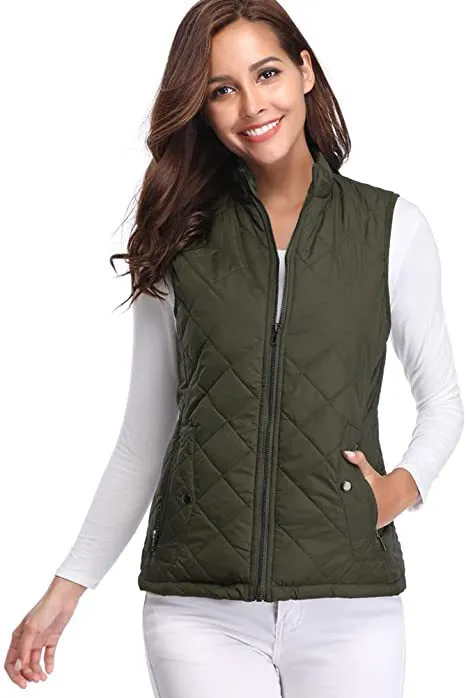 Women's Cotton Vest Stand Collar Zipper Pocket Warm Army Green - Shop at LoveMi