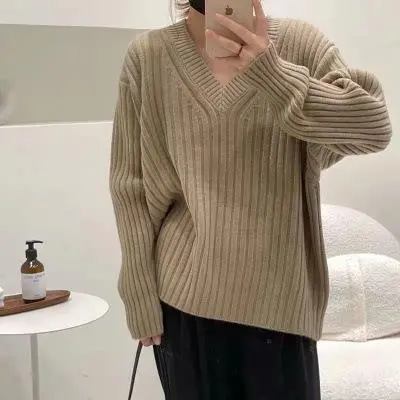 French Retro Loose And Lazy Style Pullover Sweater Design Sense Niche V neck Khaki - Shop at LoveMi