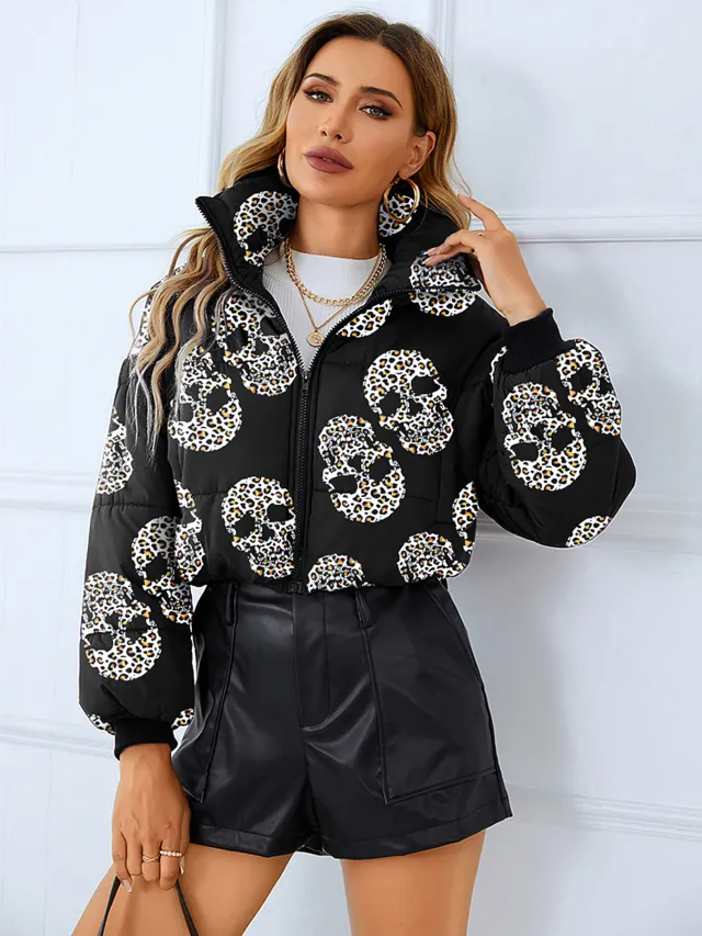 Fashion Bread Coat Women Print Stand Collar Short Coat Winter Jacket Black - Shop at LoveMi