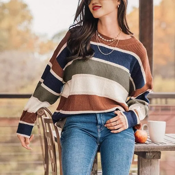 Contrast Color Sweater Female Casual Temperament Wild Long Sleeve Pullover Top Brown - Shop at LoveMi