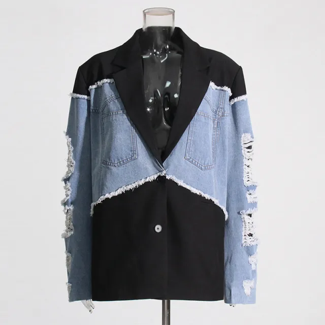 Retro And Trendy Denim Patchwork Jacket Black - Shop at LoveMi