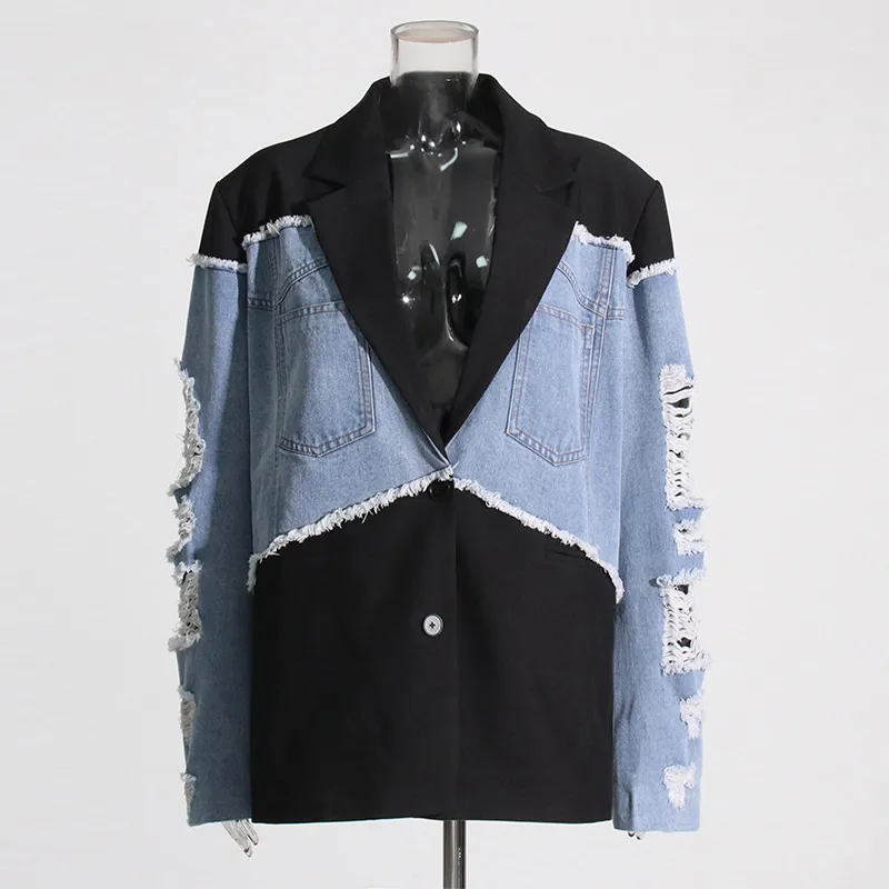 Retro And Trendy Denim Patchwork Jacket - Black