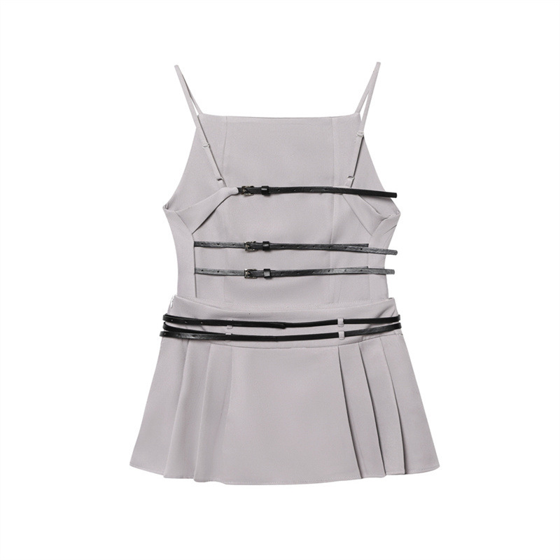 New Summer Design Gray Tied Spaghetti-strap Pleated Skirt