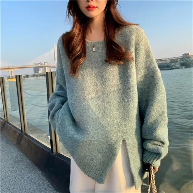 Idle Style Crew Neck Split Knitwear Loose Sweater Green - Shop at LoveMi