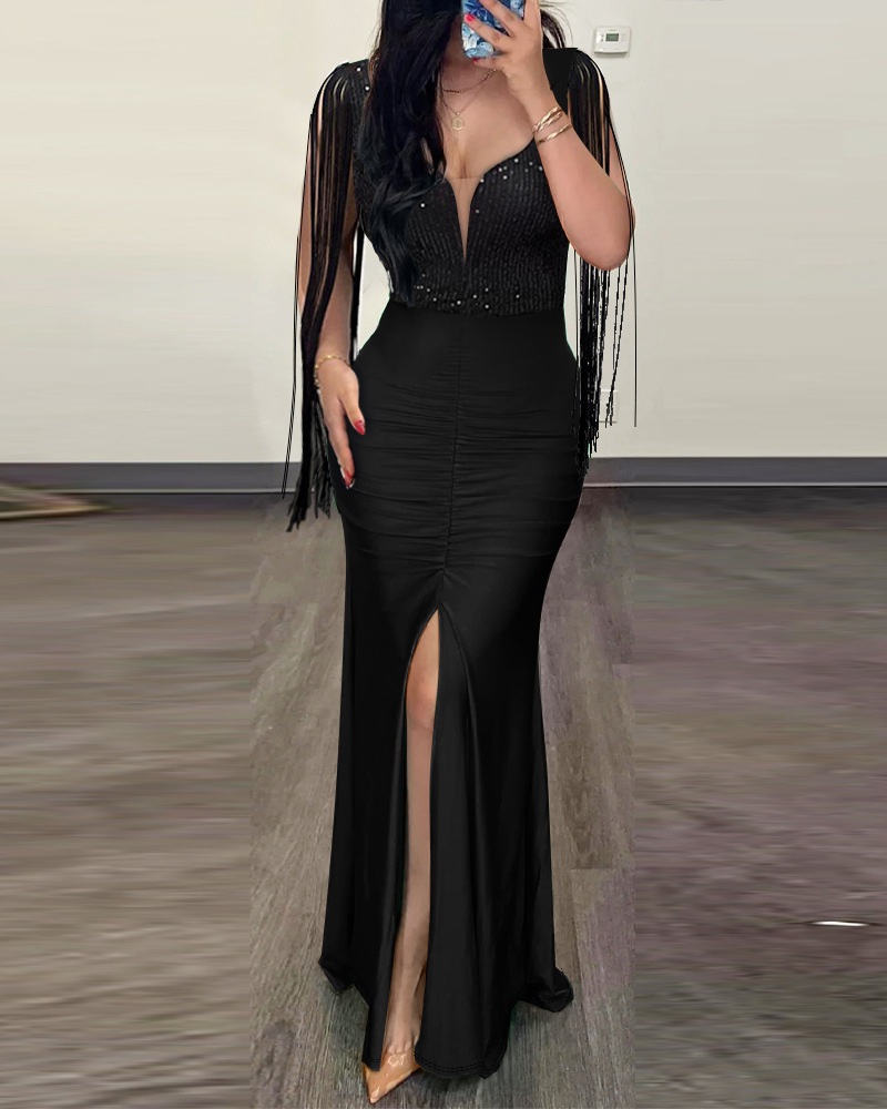 Sequin Sexy Bodycon Dress Round Neck Slit Fringe Black - Shop at LoveMi