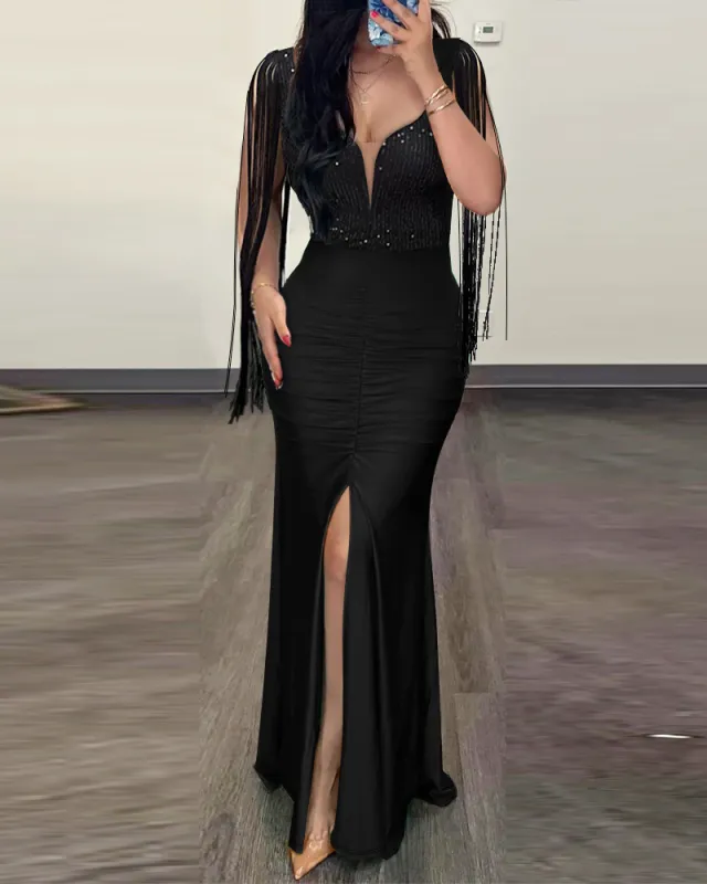 Sequin Sexy Bodycon Dress Round Neck Slit Fringe Black - Shop at LoveMi