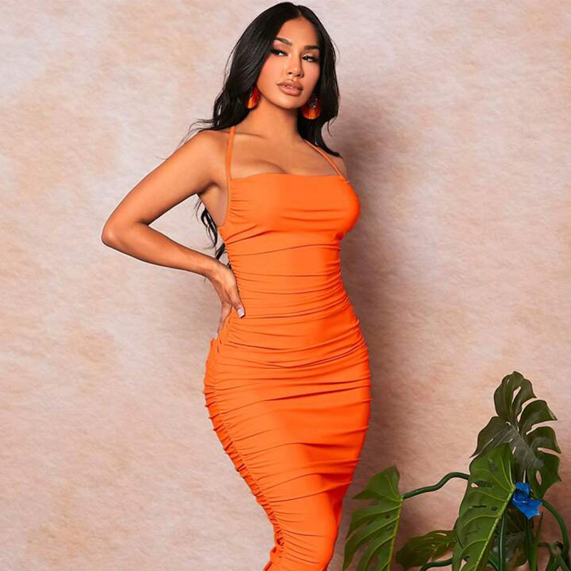 Temperament Pleated Backless Sexy Pure Desire Mature Sister Bodycon Dress Orange - Shop at LoveMi