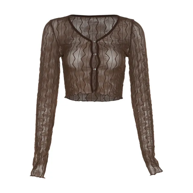Women's Pure Color Mesh Cardigan Long Sleeve Short T shirt Brown - Shop at LoveMi