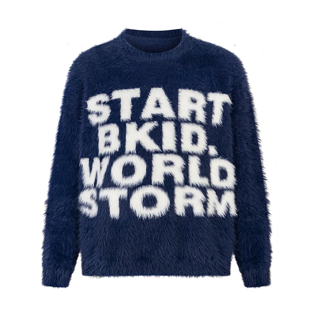 American Round Neck Mink Letter Sweater Fall Winter Couples Trendy Brand Niche - Blue