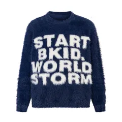 American Round Neck Mink Letter Sweater Fall Winter Couples Trendy Brand Niche - Blue - View 1