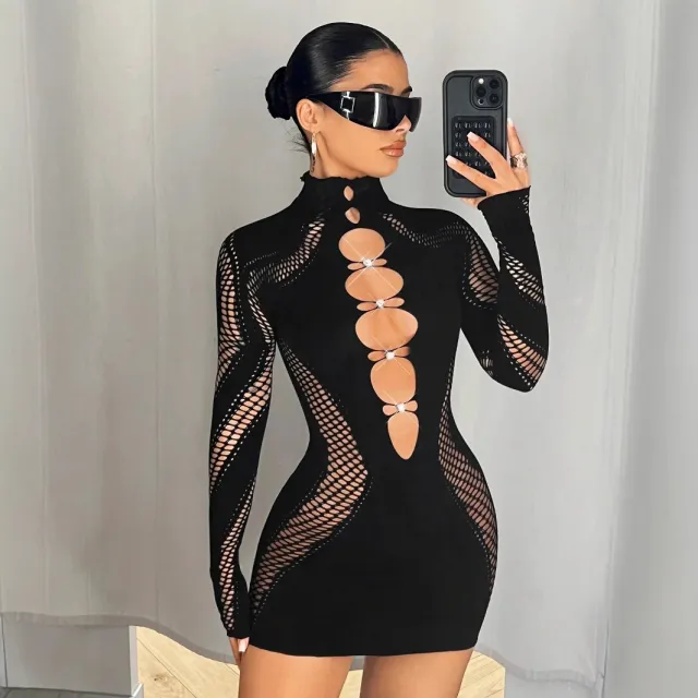 Women's Long sleeve Mock neck Hollow out Dress With Diamond Embellishments Black - Shop at LoveMi