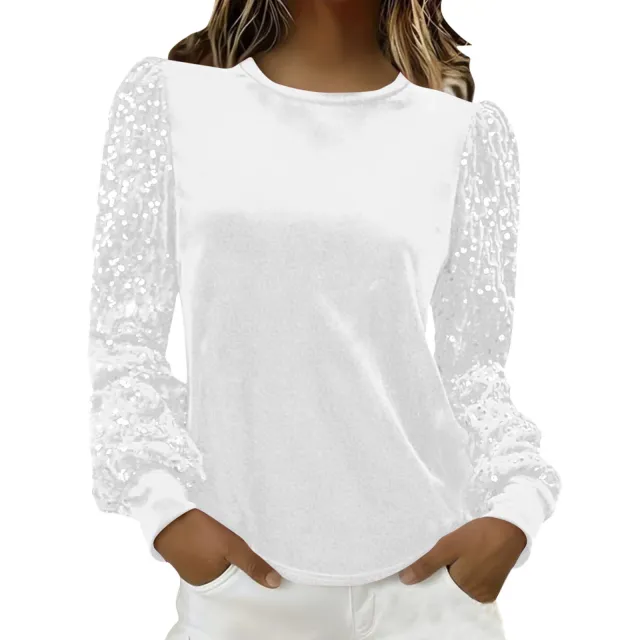 Velvet Crew Neck Sequin Patchwork Long Sleeve T Shirt Top White - Shop at LoveMi
