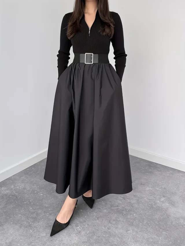 Womens Solid Color V Neck French Style Elegant Long Sleeve Dress Black - Shop at LoveMi