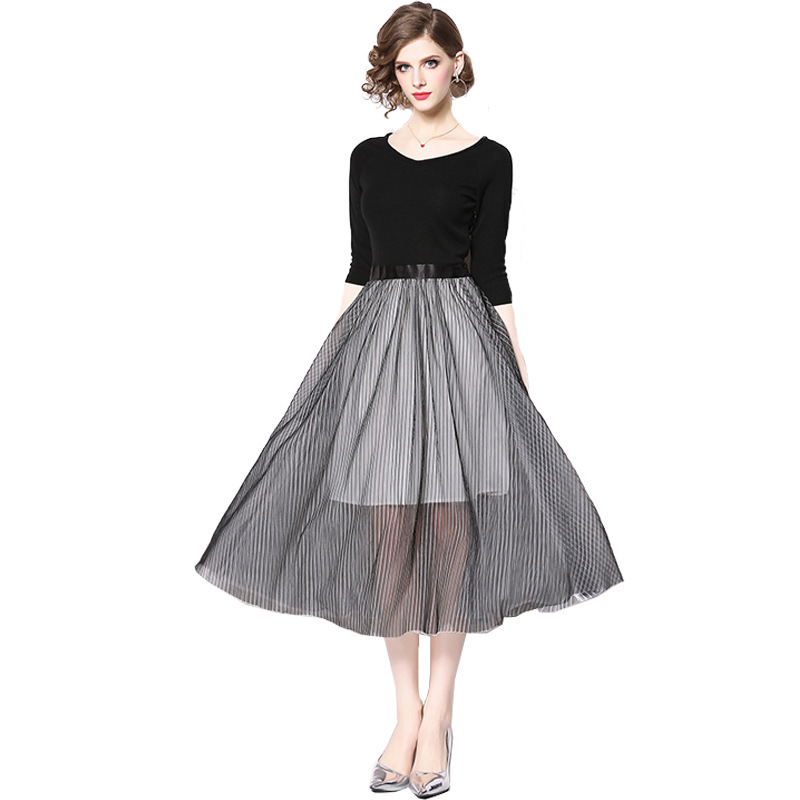 Women's Fashion Round Neck 34 Sleeves Patchwork Stripes Voile Dress