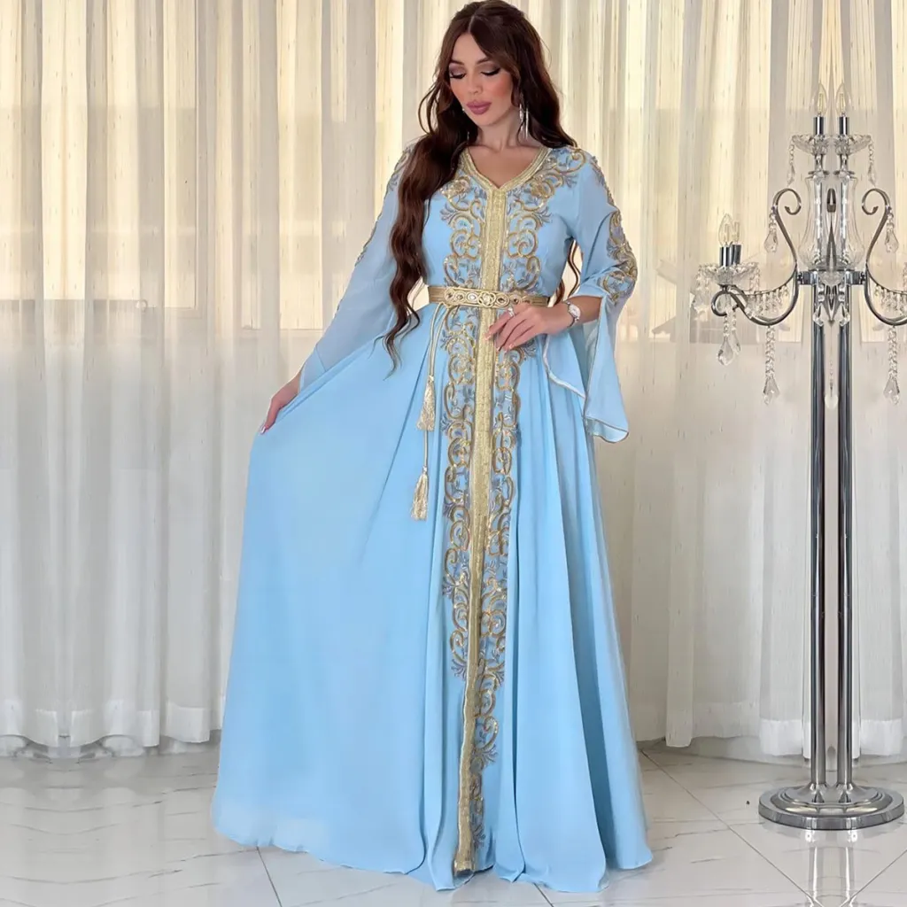 3737 Guerbang Arab Dubai Foreign Trade Embroidery Applique Dress - Light Blue