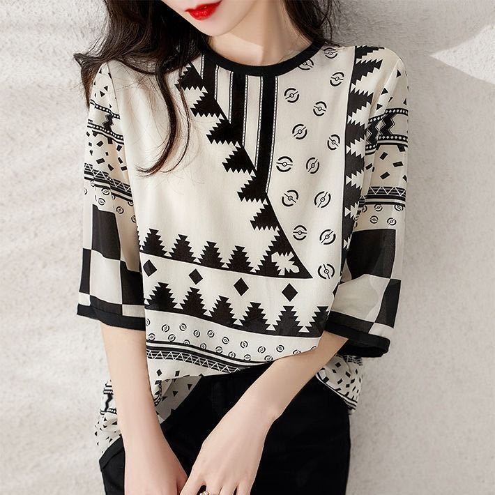 Women's Fashion Loose Half Sleeve Chiffon Printed T-shirt
